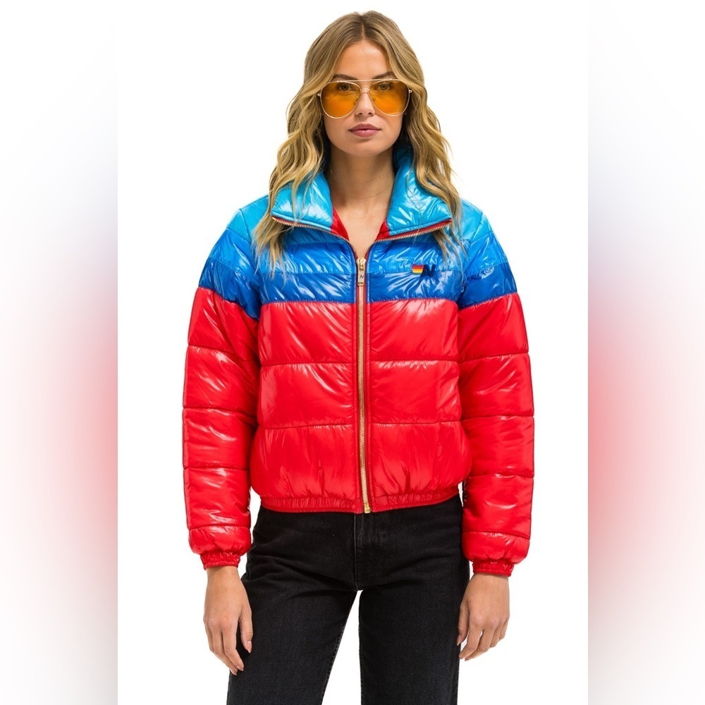 Aviator Nation Color Block Luxe Après Puffer Jacket Glossy Cherry XS Rare
